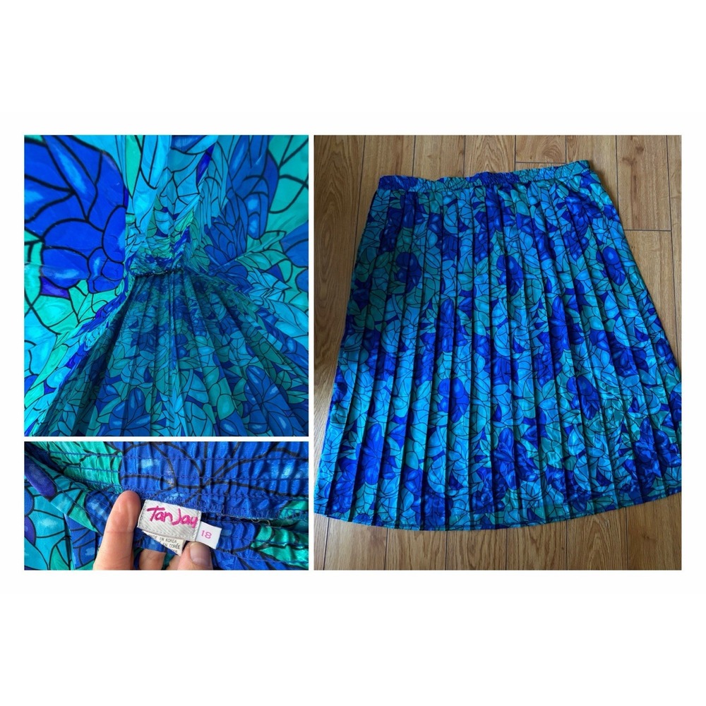 Vintage 90s Tan Jay Pleated Midi Skirt Size 18 Blue Teal Floral Jewel Tone Plus